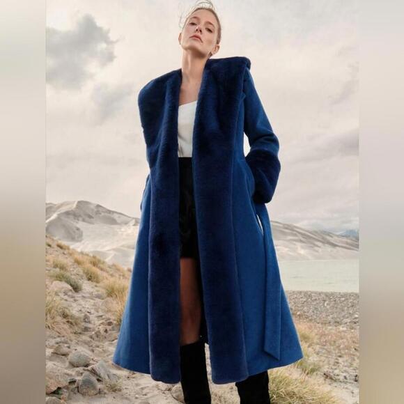 WOOL-BLEND FAUX FUR FUZZY CUFF OVERCOAT Winter Coat Outerwear - Picture 3 of 11